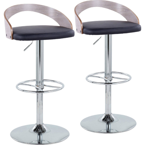 Grotto Adjustable Height Swivel Bar Stool in Chrome, Light Grey Wood & Black Leatherette (Set of 2)